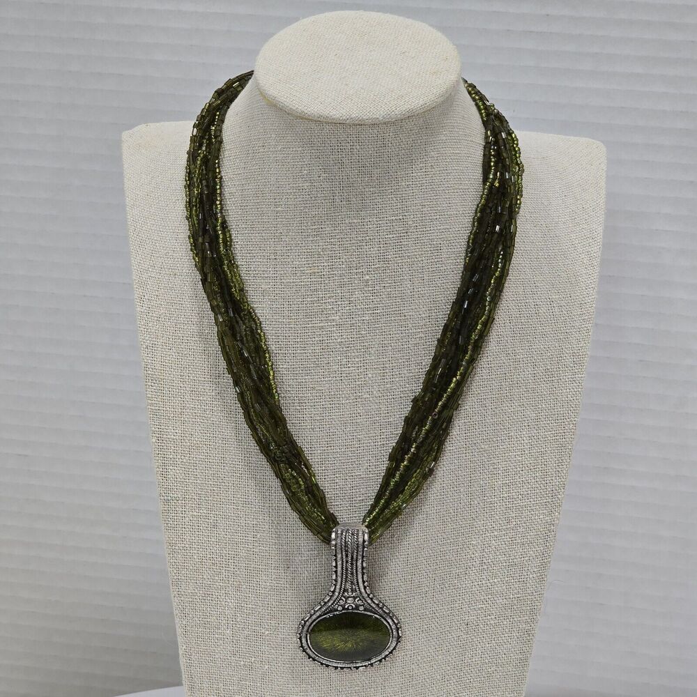 Green Seed Bead Multi Strand Silver Tone Enamel Pendant Necklace - Picture 2 of 13